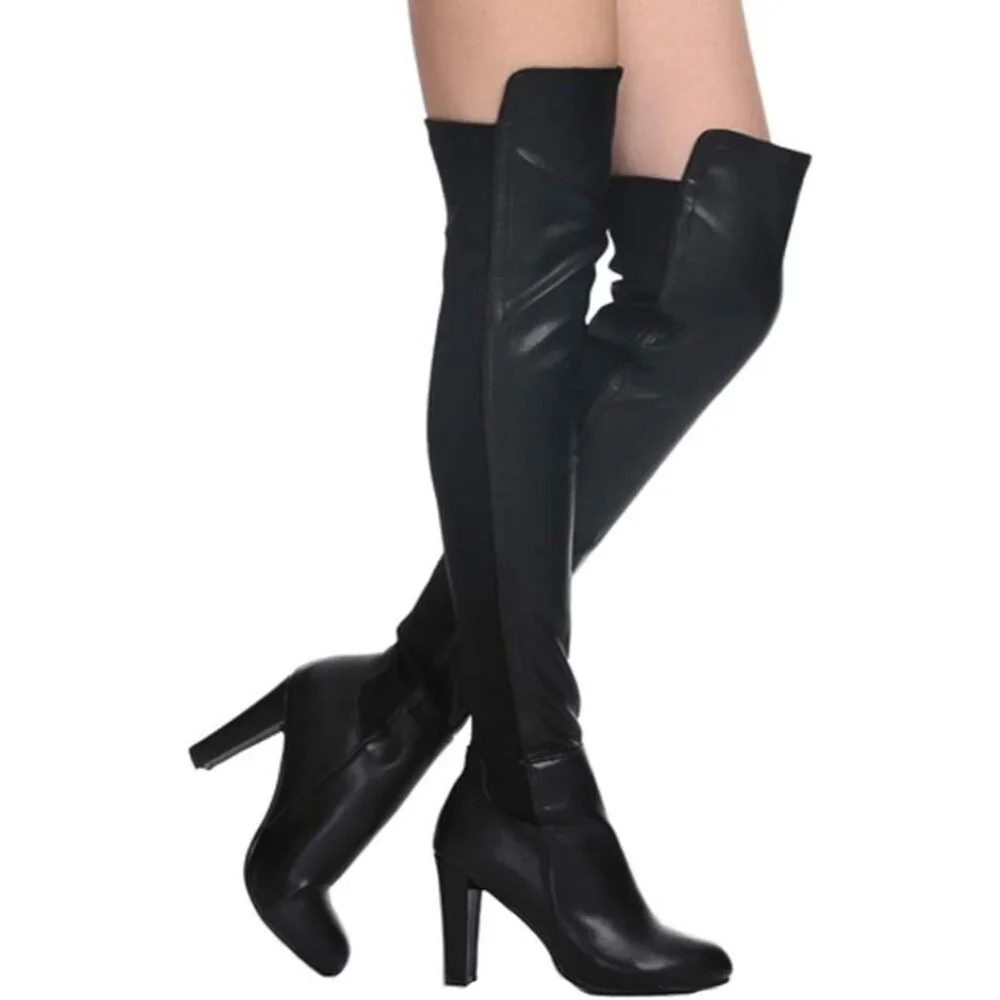 Women Black Faux Suede Chunky Heel Stretch Over The Knee Thigh High Long Boots